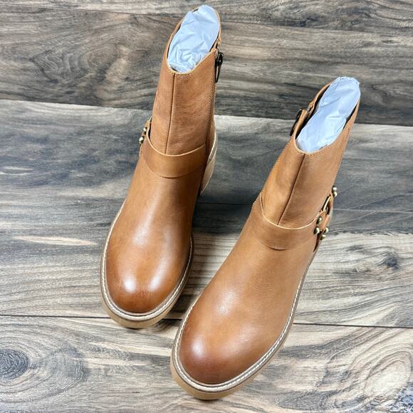 Steve Madden Cordelia 9M Cognac Leather Block Heel Harness Biker Ankle Boot - Picture 3 of 12